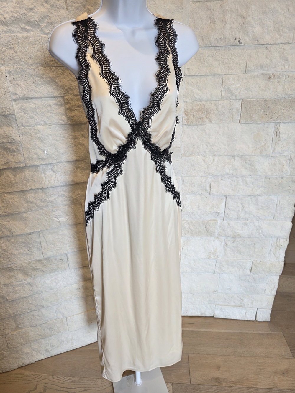 Women’s Lace-Trim Slip Dress - Cream with Black Lace